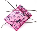 Pink Halloween organza gift bag with black cat and bat prints and black drawstring - Pink Black Cat Bat