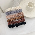 6-pack of satin scrunchies in cream, blue, and khaki with a silk-like pleated texture - 6 Pieces Set
