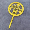 Golden acrylic Merry Christmas cake topper with reindeer and stars on grey background - Gold