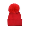 Vibrant red knit beanie for children with a large fluffy faux fur pompom decoration - Kids / Red