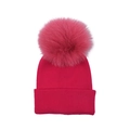 Hot pink ribbed knit hat for kids featuring a large fluffy faux fox fur pom-pom - Rose Red