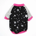 Detail of warm dog fleece hoodie with grey sleeves, black body and pink trim edges - Star Style