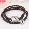 Multilayer brown braided leather wrap bracelet with silver heart charm and spring clasp - Brown