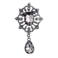 Vintage silver brooch with oval grey gemstone, intricate filigree and crystal rhinestones - Smoke Gray