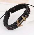 Multilayer leather anchor bracelet with vintage bronze pendant and red woven cords - Black