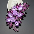 Elegant purple crystal flower cluster brooch with silver tassels and leaf design - Silver Purple