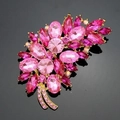 Pink rhinestone feather brooch with leaf design in gold plating for women - 18K Gold Rose Red Zirconia