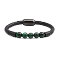 8mm Green Tiger Eye bead bracelet with black braided leather and magnetic buckle - Leather/Tiger Eye/Stainless Steel / Green Tiger Eye