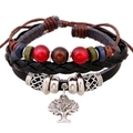 Braided leather tree of life bracelet with adjustable beads in a layered retro design - Black