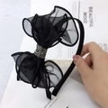 Elegant black lace bow headband with rhinestones for women, stylish Korean hair accessory - Mesh Black