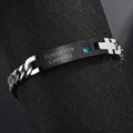 Mens stainless steel Cuban chain bracelet with black cross plaque and blue zircon stone - Men's Style (Black with Blue Zirconia) / Black