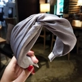 Detailed close-up of gray silk-textured wide knotted headband with elegant soft sheen - Gray