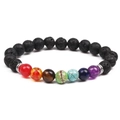 8mm Black Lava Stone 7 Chakra Healing Energy Bracelet with metallic spacers - White Gold