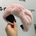 Pink faux rabbit fur headband with knot design and soft plush texture for winter - Pink