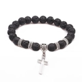 Bracciale yoga in pietra lavica con ciondolo a croce argento e perle distanziatrici incise - Pietra di fiamma