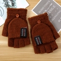 Brown knitted convertible gloves with flip-top cover and fashion label on wooden desk - One Size / Coffee