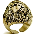 Hip hop men's lion head ring with gold adjustable open band and punk animal relief - Gold Lion Head