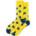 Detail of yellow cotton mid-calf socks featuring blue bowling ball and pin patterns - Bowling