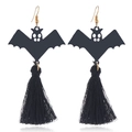 Close-up of Halloween bat tassel earrings featuring black wings and long silk fringes - Bat Tassels