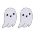 Detail view of cartoon ghost earrings with white enamel finish and silver alloy frame - Ghost Studs