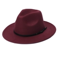 Close-up of burgundy fedora hat featuring wool felt texture and black leather belt buckle - Adjustable / Burgundy