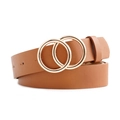 Women's brown leather belt with vintage gold double ring buckle for casual jeans - Camel / Length 107 Width 2.7