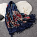 Navy blue cashmere cotton scarf with colorful paisley embroidery and fringe details - 200x70cm / Nepal Paisley Navy Blue