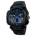 Men's outdoor sports dual display watch with black rubber strap and blue accents - Blue
