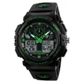 Rugged all-black waterproof digital watch with green dial and dual-display sport mode - Green