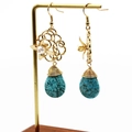 Vintage gold drop earrings with turquoise waterdrop pendants and white pearl accents - D77 Hollow Flower
