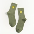Army green crew socks featuring delicate yellow and blue floral embroidery accents - One Size / Army Green