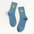 Blue cotton mid-calf socks for women featuring a small yellow floral embroidery detail - One Size / Blue