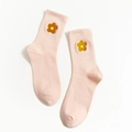 Pink mid-calf cotton socks with yellow and brown floral embroidery on a white background - One Size / Orange Pink