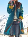 Peacock blue wool coat with colorful floral embroidery and mustard yellow cuffs - S / Blue