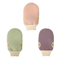 Exfoliating wash mitt set in pink, green, and purple with textured plant fiber surface - 3-Piece Exfoliating Mitt Set / Pink + Green + Purple