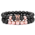 Bracciali in agata nera opaca con ciondolo a corona in oro rosa e inserto in zircone - Oro rosa
