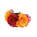 Halloween Mexiko Party Haarreif mit bunten Stoffrosen und grünen Blattelementen - Rot Orange Gelb + Gekräuseltes Rosérosa