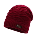 Berretto in maglia a trecce rosso scuro con fodera in pile e classica toppa in pelle - Taglia unica / Rosso