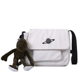 Off-white canvas messenger bag with planet embroidery and green frog plush charm - With Frog Pendant / White