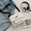 White canvas shoulder bag with black strap featuring saturn planet embroidery - Without Pendant / White
