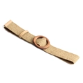 Women's khaki woven straw belt with a dark brown round wooden buckle and leather trim - Khaki (916 Wood Round Buckle)