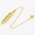 Golden metal dowsing pendulum with screw tapered body and long chain on white base - Gold
