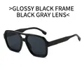 Lunettes de soleil aviateur carrées rétro avec monture noire brillante et verres gris - Monture Noire Verres Gris