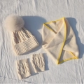Winter knit set for kids featuring faux fur pom-pom beanie scarf and mittens in cream - Kids 3-Piece Set / Beige
