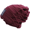Men's burgundy winter knitted beanie featuring ribbed texture and stylish fabric label - One Size / Burgundy