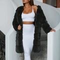 Deep green faux fur long coat for women with a warm plush texture and stylish design - Black