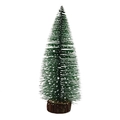 Mini green cedar Christmas tree with white snow flocking and natural wooden base - 25cm