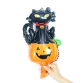 Mini Halloween foil balloon featuring a black cat sitting on a jack-o-lantern pumpkin - Mini Pumpkin Black Cat