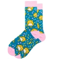 Detail of teal crew sock with cartoon fat cat pattern and pink toe and heel accents - Lake Green Mouse