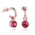 Fashionable rose gold earrings with round pink crystal drops in a minimalist C-hoop design - Rose Gold + Dark Rose Red
